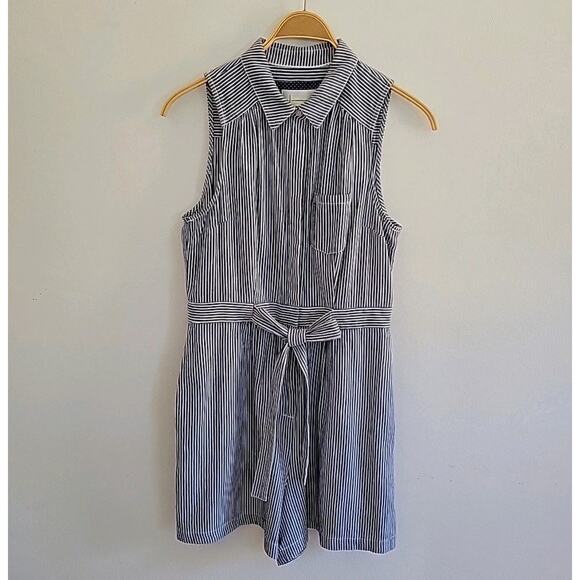 by Anthropologie Striped Linen Cotton Sleeveless Collared Romper Nautical Preppy - Picture 1 of 16
